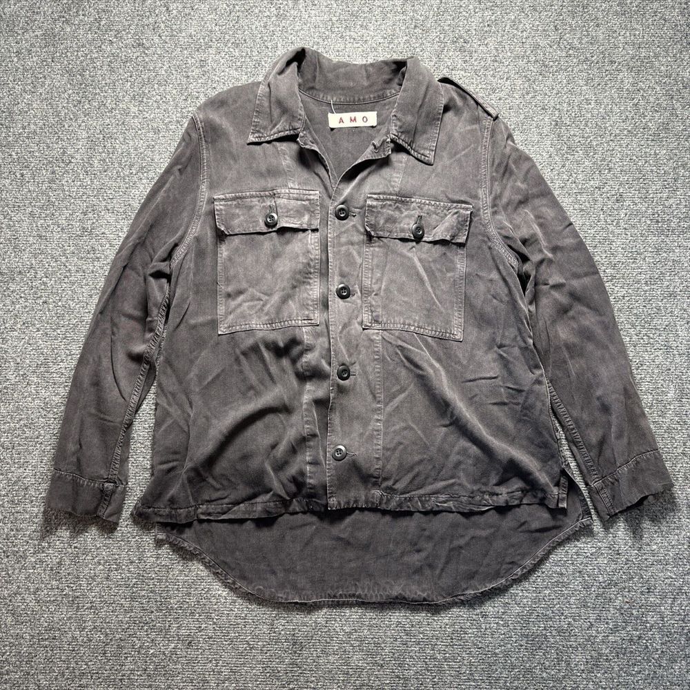 Amo Womens Collared Long Sleeve Solid Button Down Blouse Top Gray Size Medium